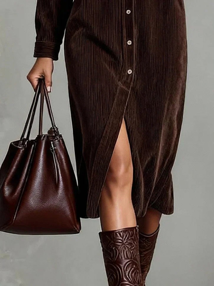 Dark brown corduroy dress hem with front slit and matching boots