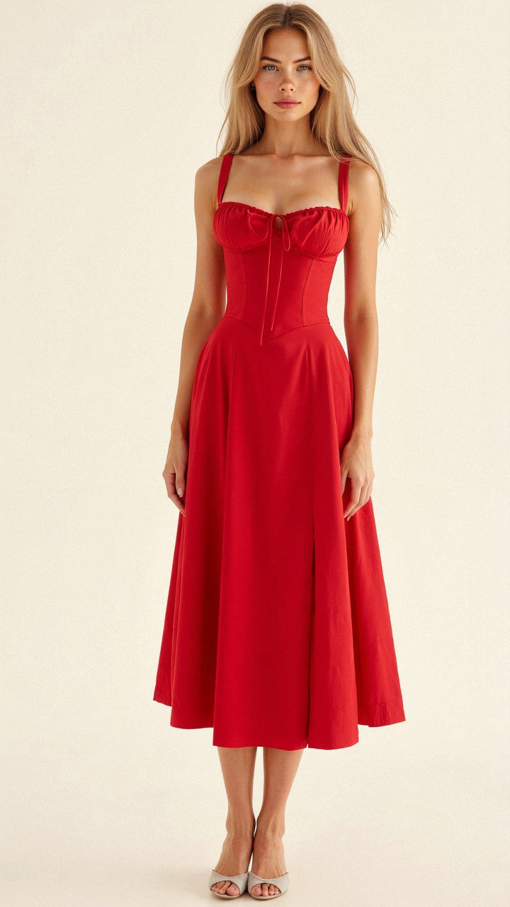 Red corset midi dress with tie-front bust and full swing skirt