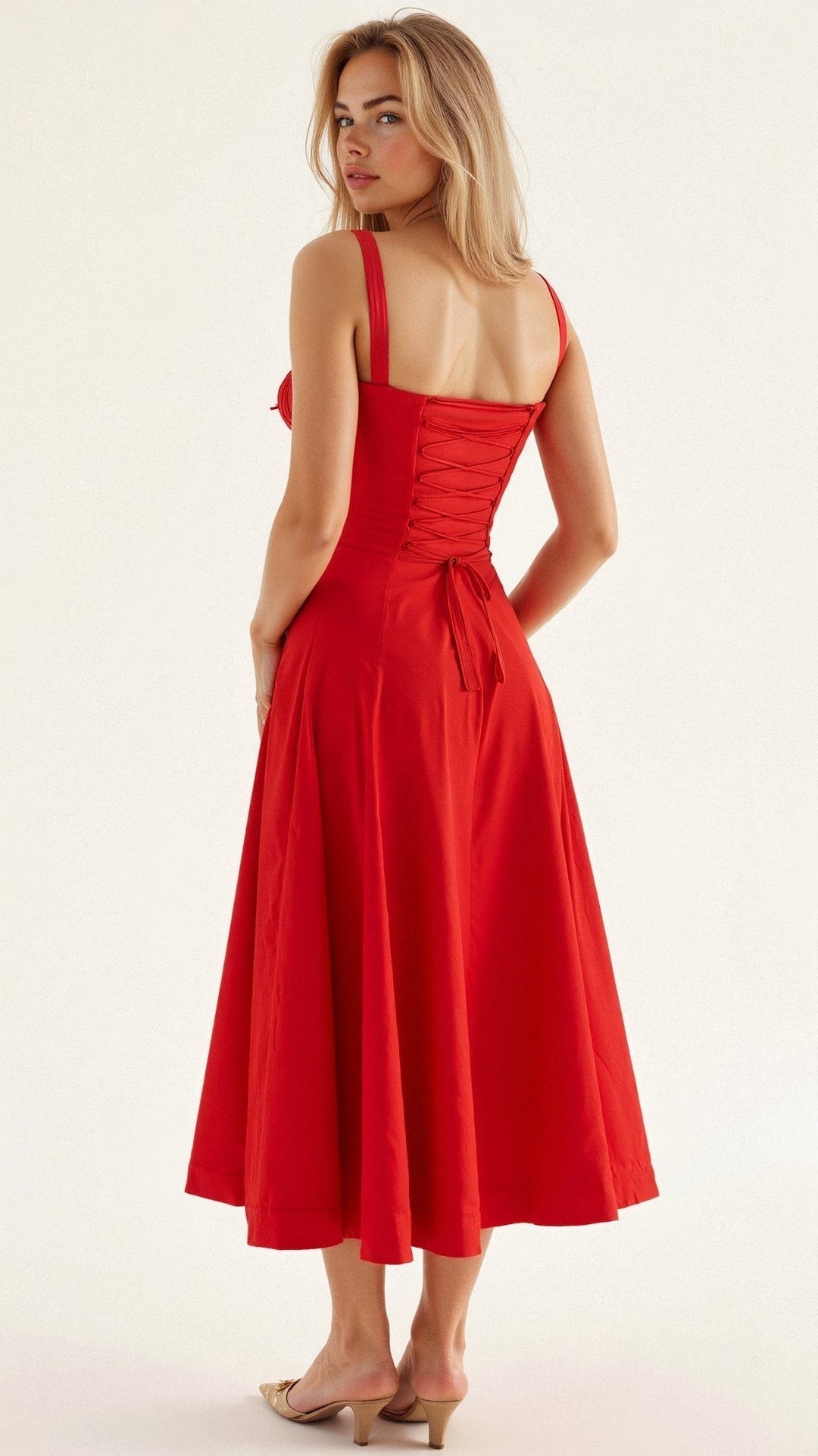 Back view of red corset midi dress showing lace-up back detail