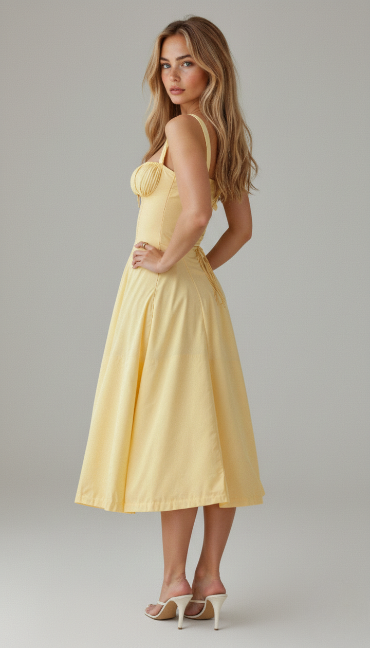 Side view of pale yellow corset midi dress highlighting fitted bodice and full hem