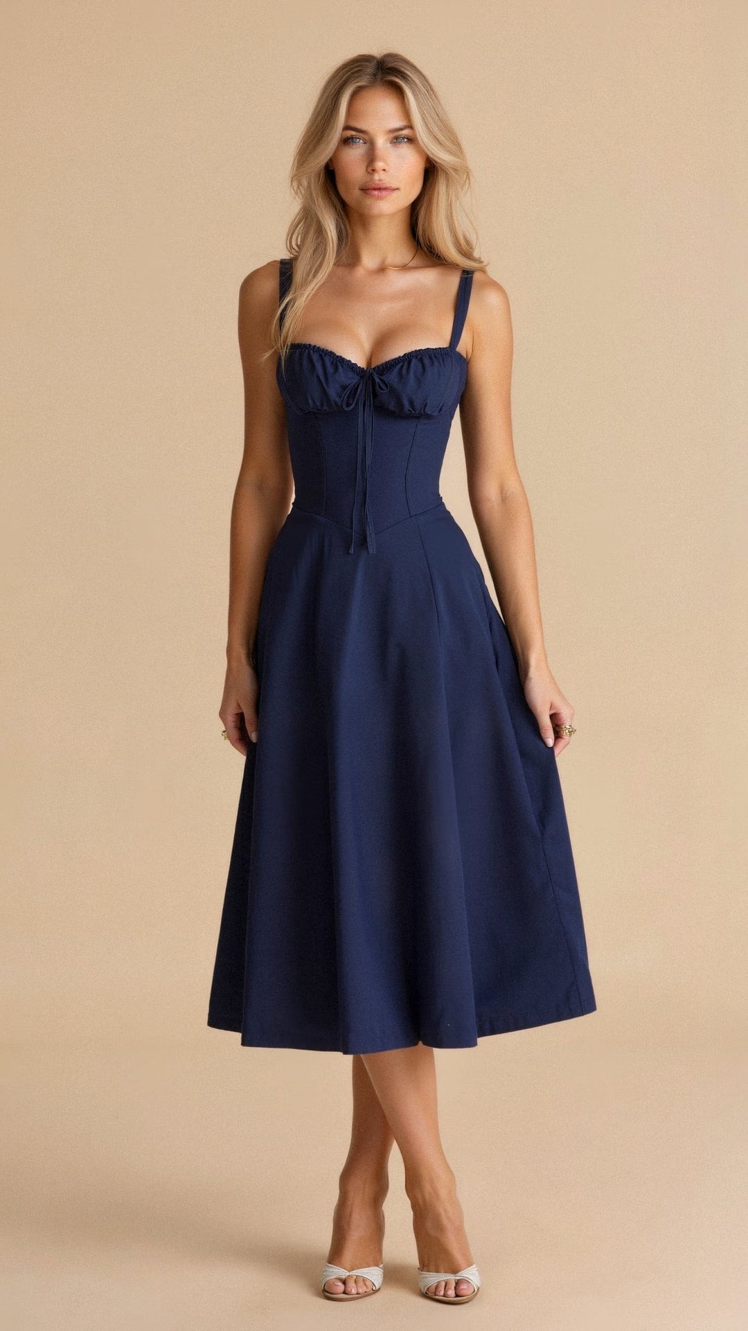 Navy corset midi dress with tie-front bust and flowing A-line skirt