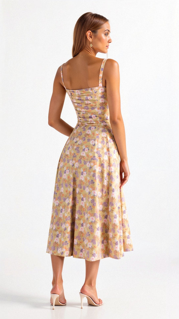 Back view of floral corset midi dress showing adjustable straps and flared skirt