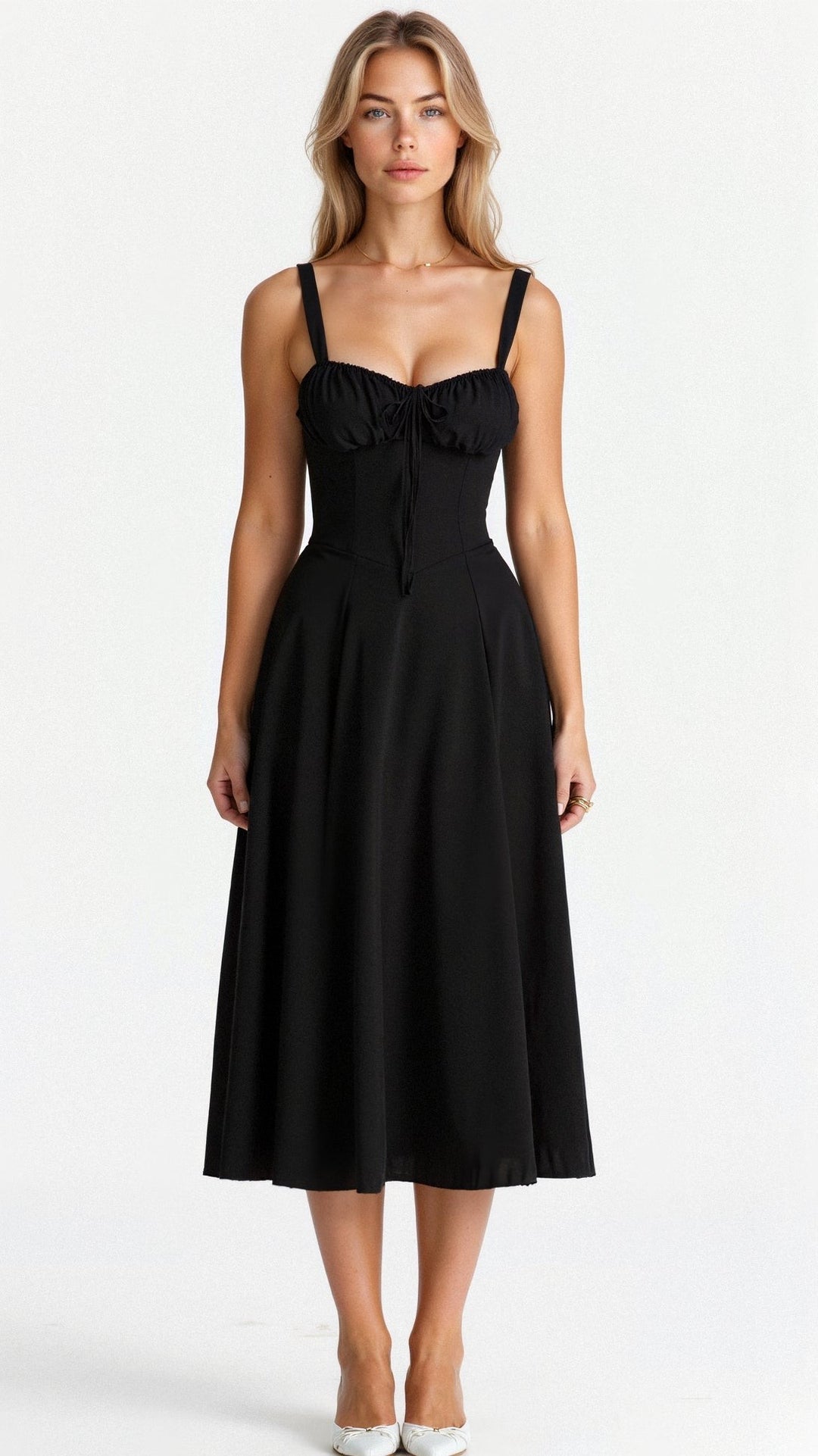 Black corset midi dress with tie-front bust detail and full skirt
