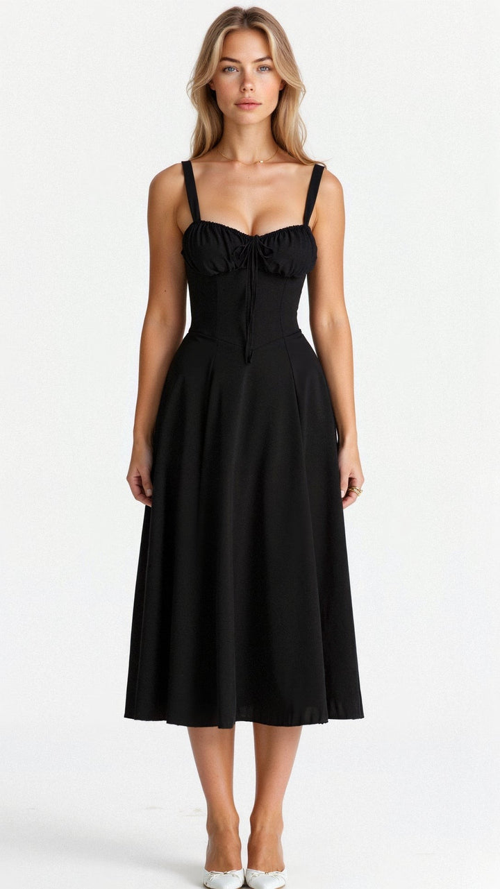 Black corset midi dress with tie-front bust detail and full skirt