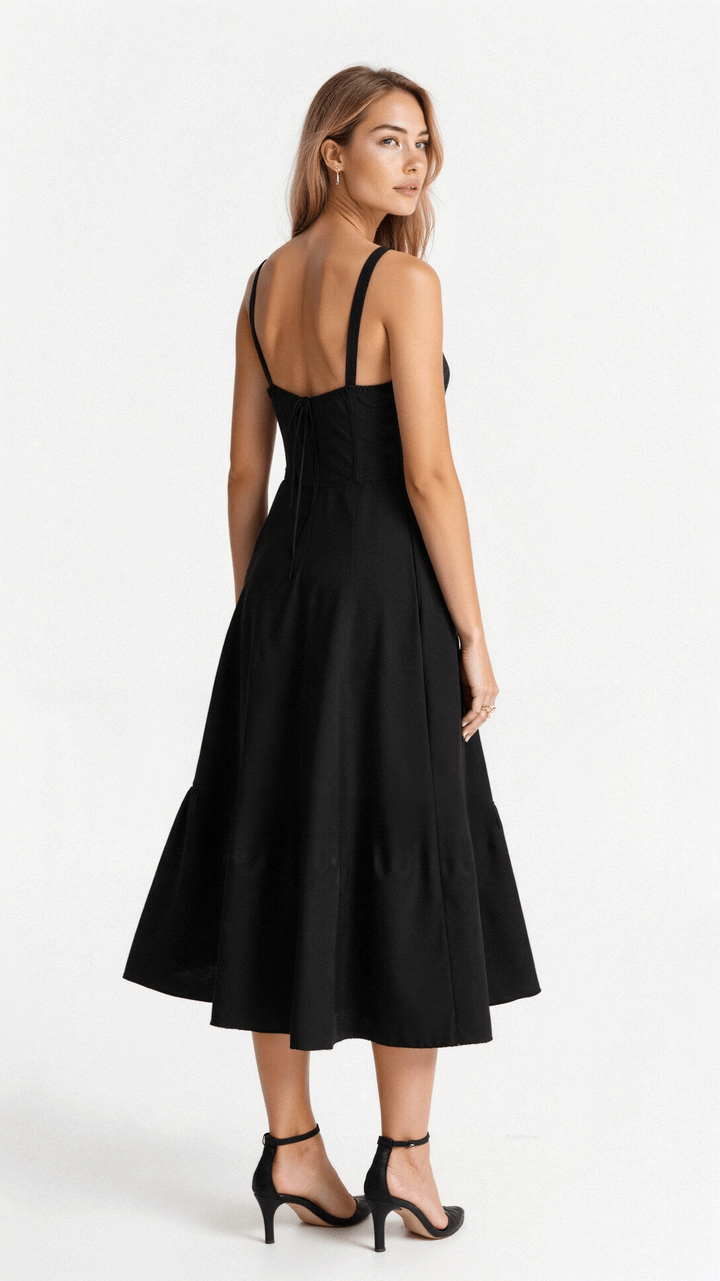 Back view of black corset midi dress with lace-up fastening and flowing hem