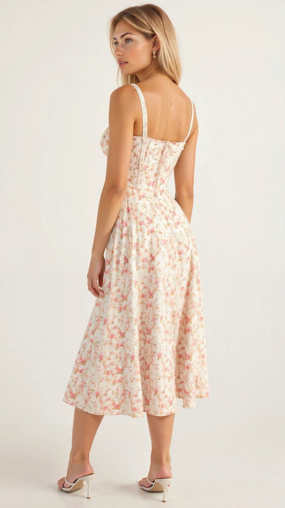 Back view of cream floral corset midi dress showing lace-up back detail
