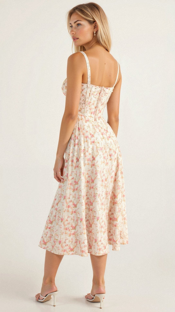 Back view of cream floral corset midi dress showing lace-up back detail