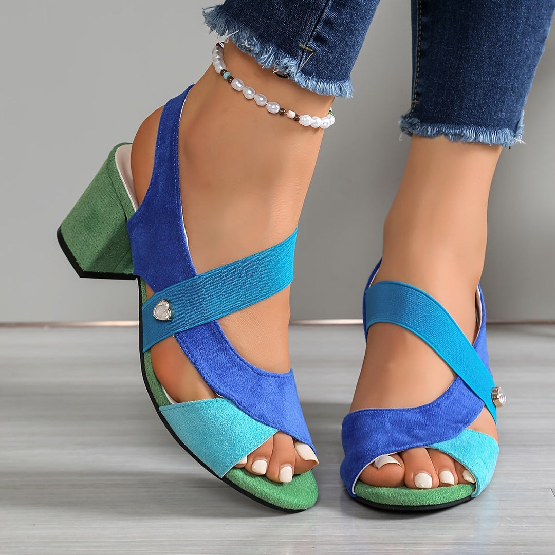 Blue and green colour-block sandal with crisscross elastic straps and block heel