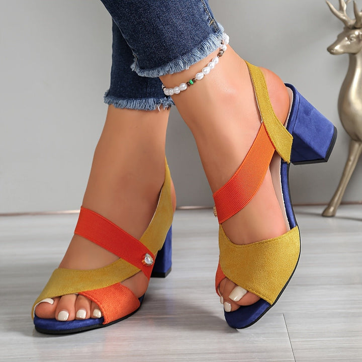 Yellow and orange colour-block sandal with navy block heel and crossover straps