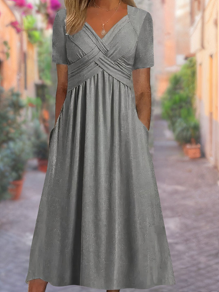 Grey midi dress with ruched waist and short raglan sleeves