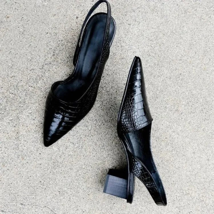 Black croc-effect slingback heels with pointed toe and block heel