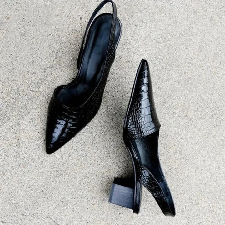 Black croc-effect slingback heels with pointed toe and block heel