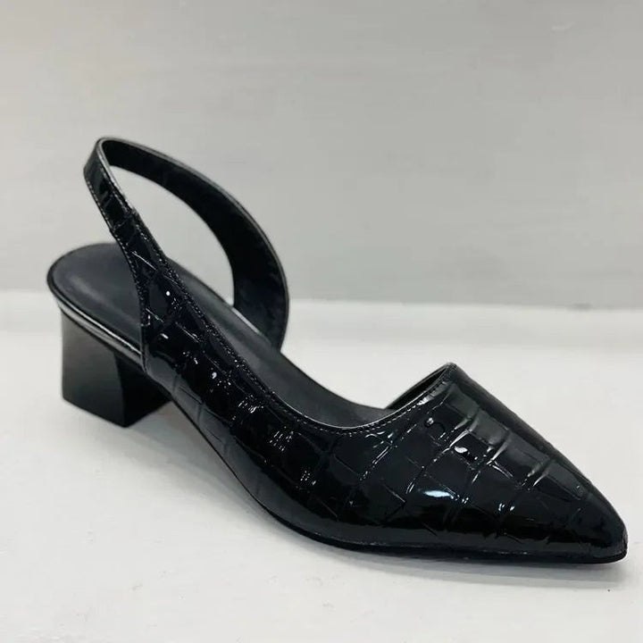 Black crocodile-print patent leather slingback pumps with mid block heel