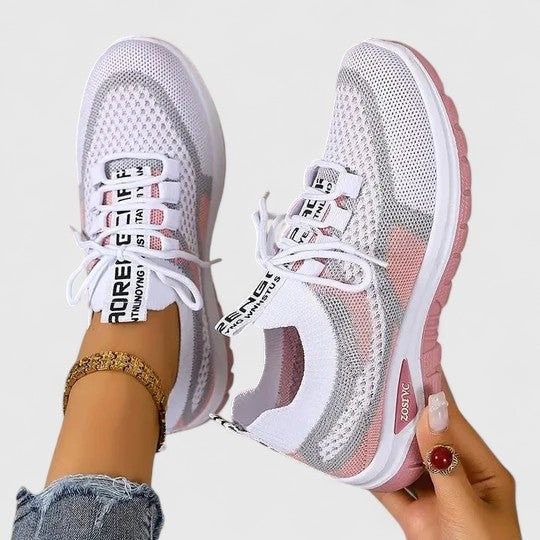 White and pink mesh lace-up trainers with contrasting chunky outsole