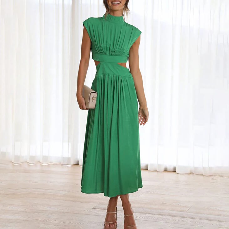 Green cut-out midi dress with pleated bodice and high neckline