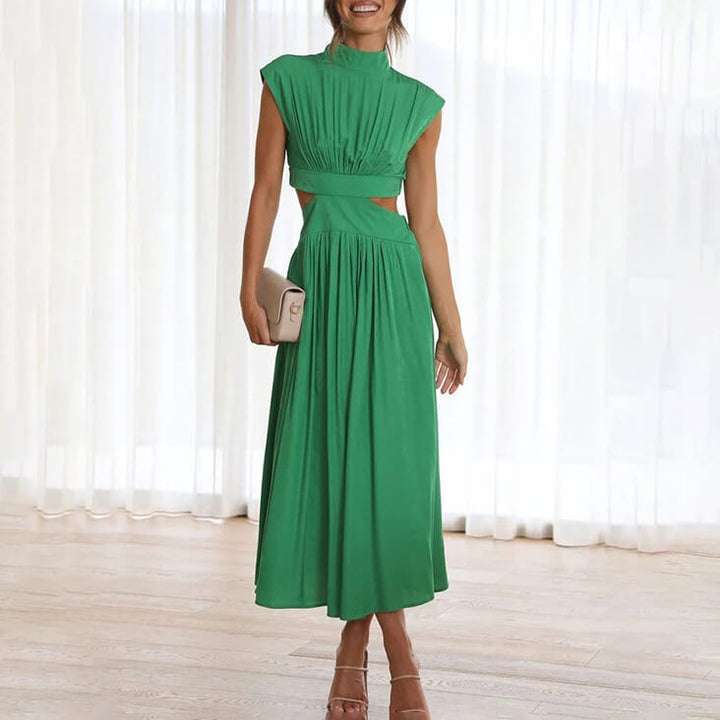 Green cut-out midi dress with pleated bodice and high neckline