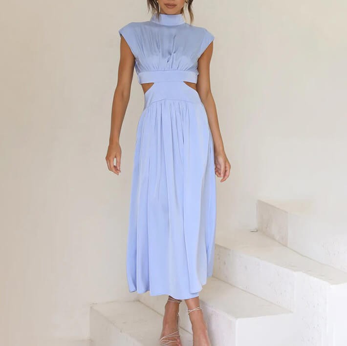 Pale blue cut-out midi dress with structured cap sleeves