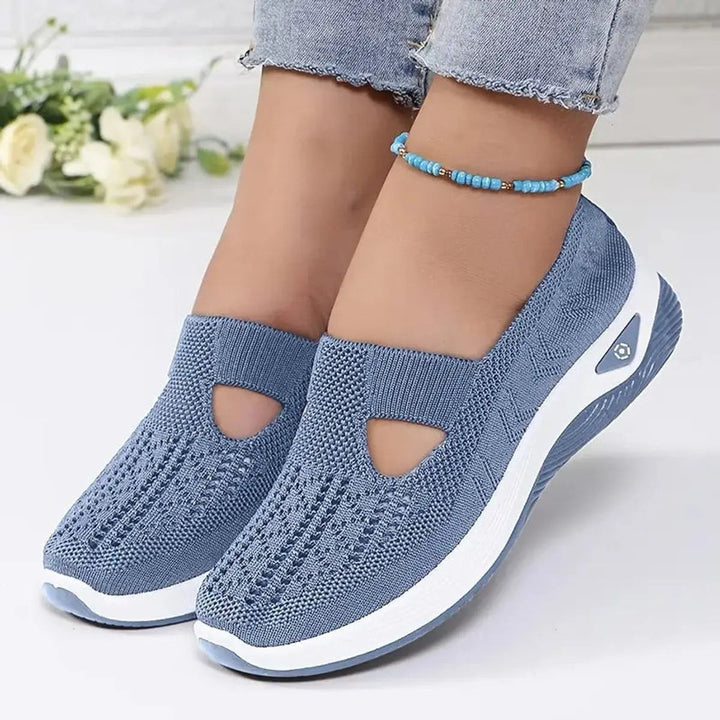 Denim blue mesh slip-on trainers with cut-out detail and platform sole