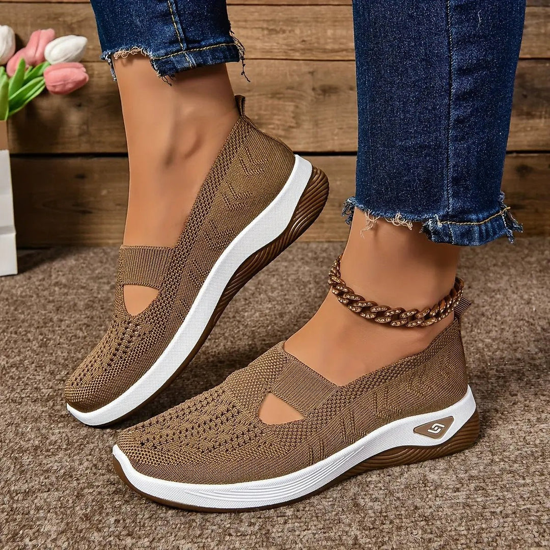 Tan knit slip-on trainers with cut-out detail and cushioned platform sole