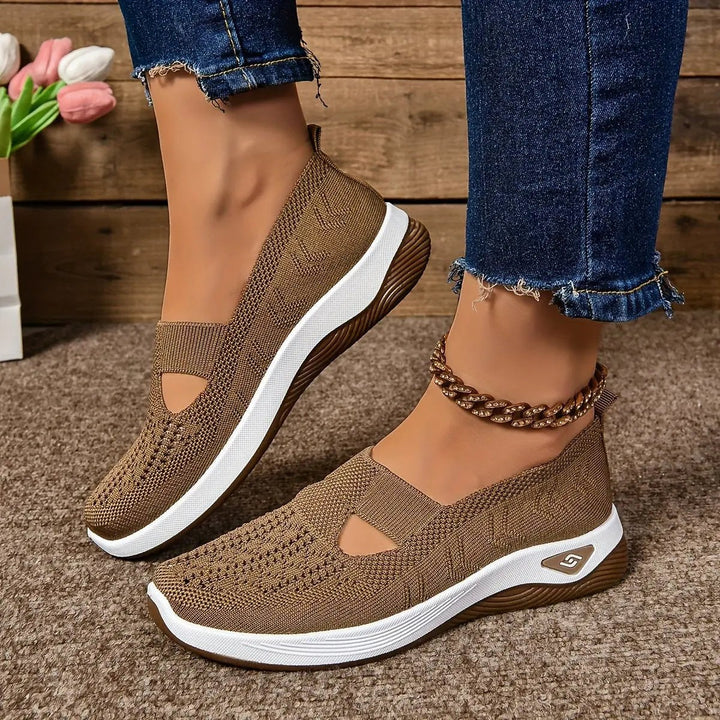 Tan knit slip-on trainers with cut-out detail and cushioned platform sole