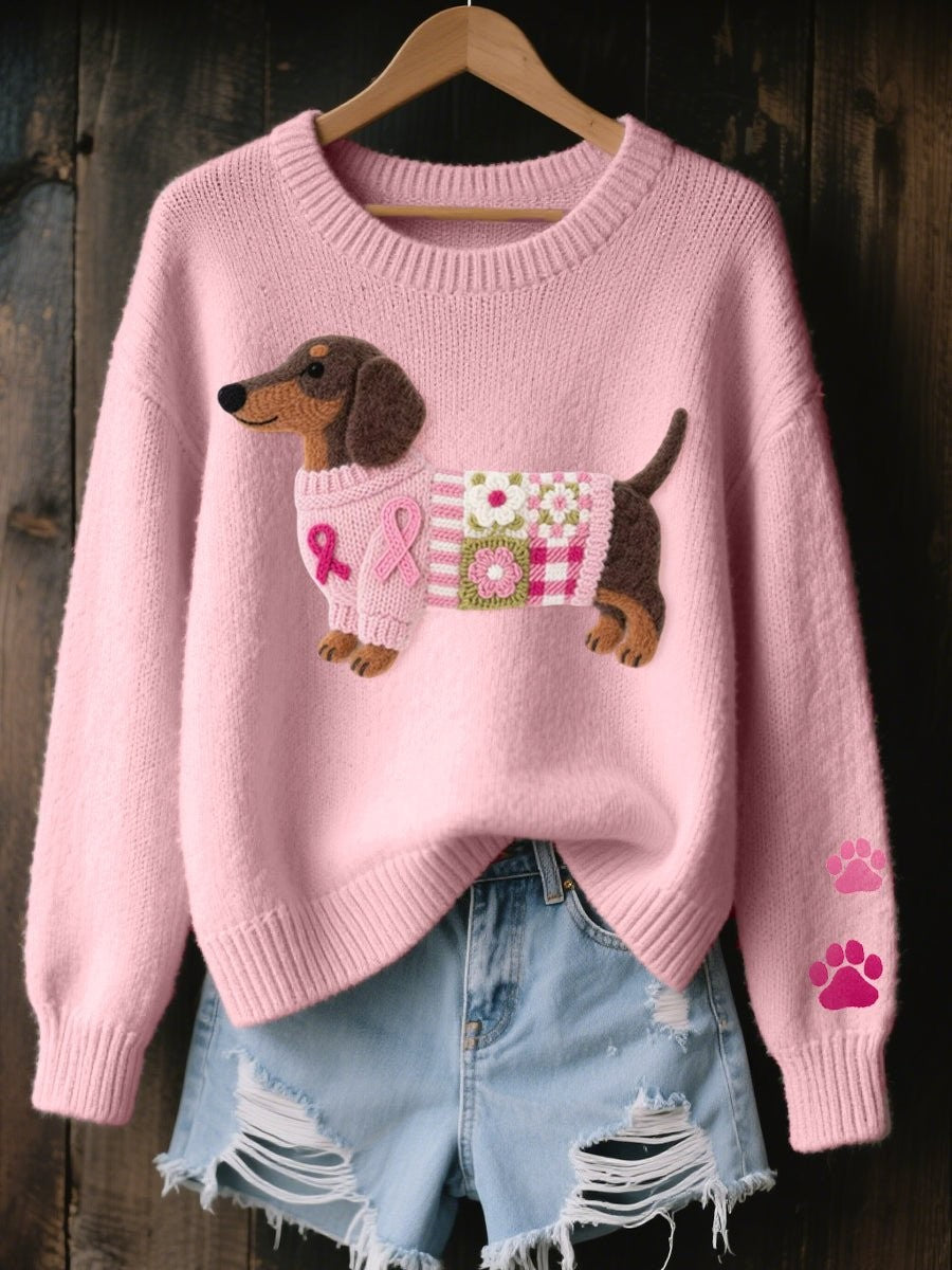 Pale pink knit jumper with embroidered dachshund and pink ribbon patchwork design