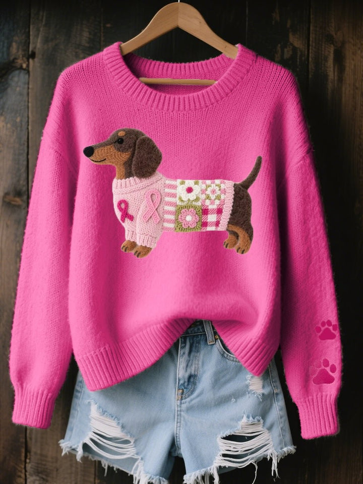 Bright pink relaxed-fit jumper featuring dachshund motif and paw print sleeve detail