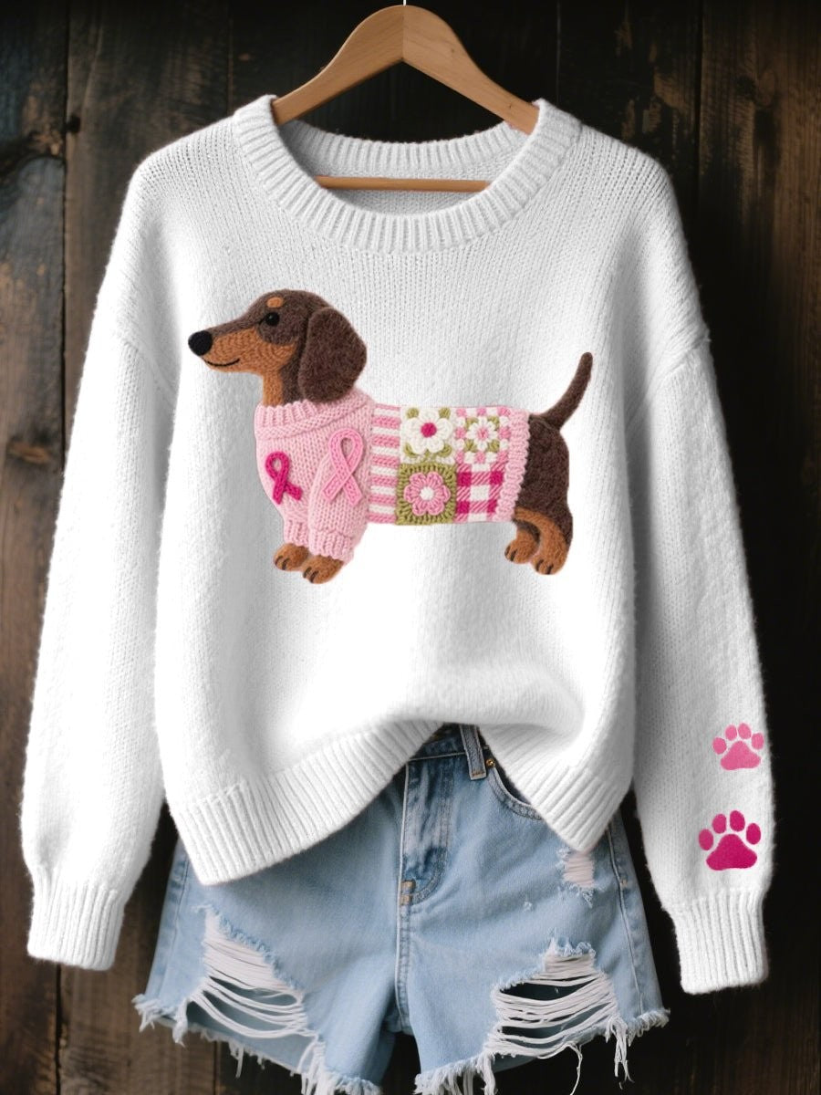 White knit sweater with patchwork dachshund embroidery and pink paw print sleeves
