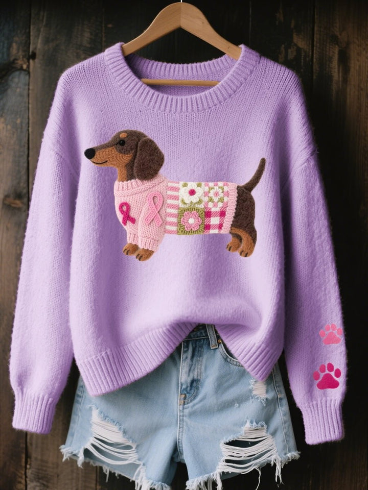 Lilac oversized jumper decorated with embroidered dachshund and floral patchwork panel