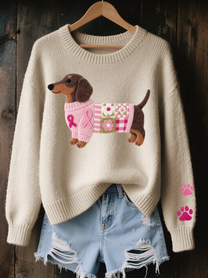 Cream knit jumper showing dachshund embroidery with pink ribbon and paw prints