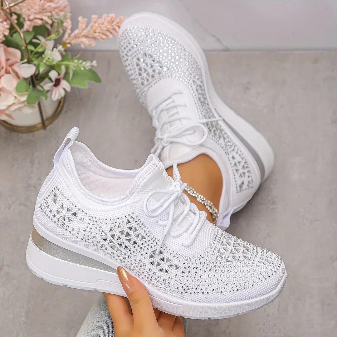 White knitted trainers with diamante geometric detailing and lace-up front