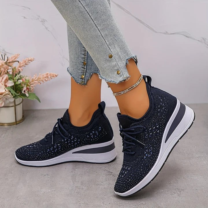 Navy knitted wedge trainers with diamante triangle patterning and lace-up front