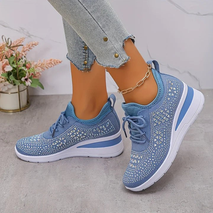 Sky blue knitted wedge trainers with metallic diamante detailing