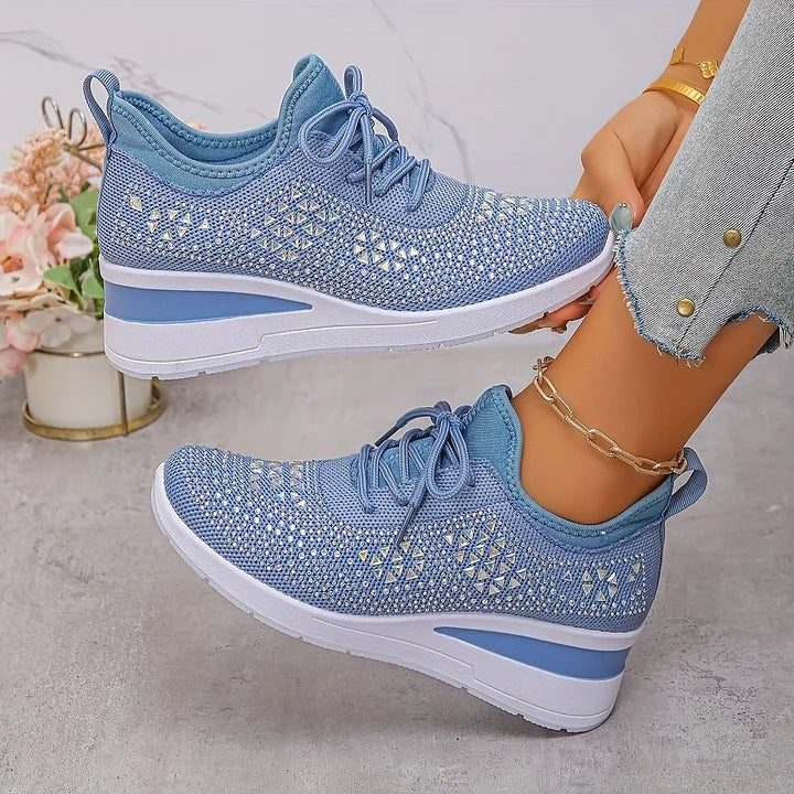 Sky blue knitted wedge trainers with silver diamante geometric accents