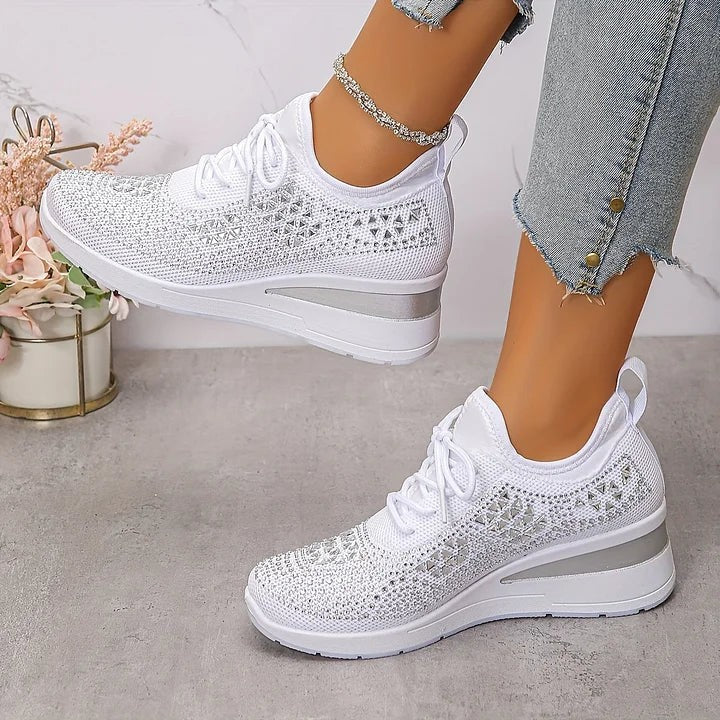 White knitted wedge trainers with subtle silver geometric diamante trim