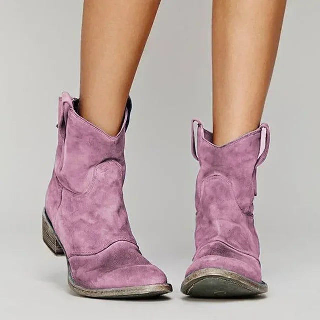 Mauve suede western ankle boots with pull-tab detailing