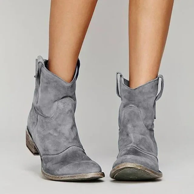 Grey suede cowboy ankle boots with pull-tab back detail