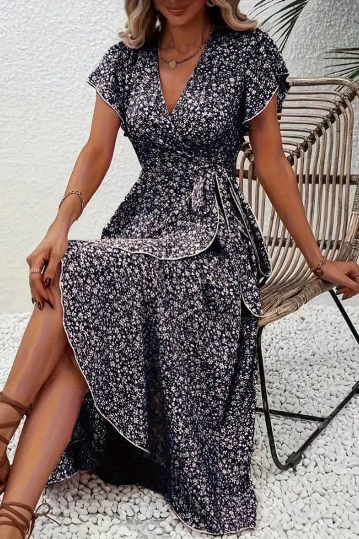 Black floral wrap midi dress with contrast trim and tie waist detail