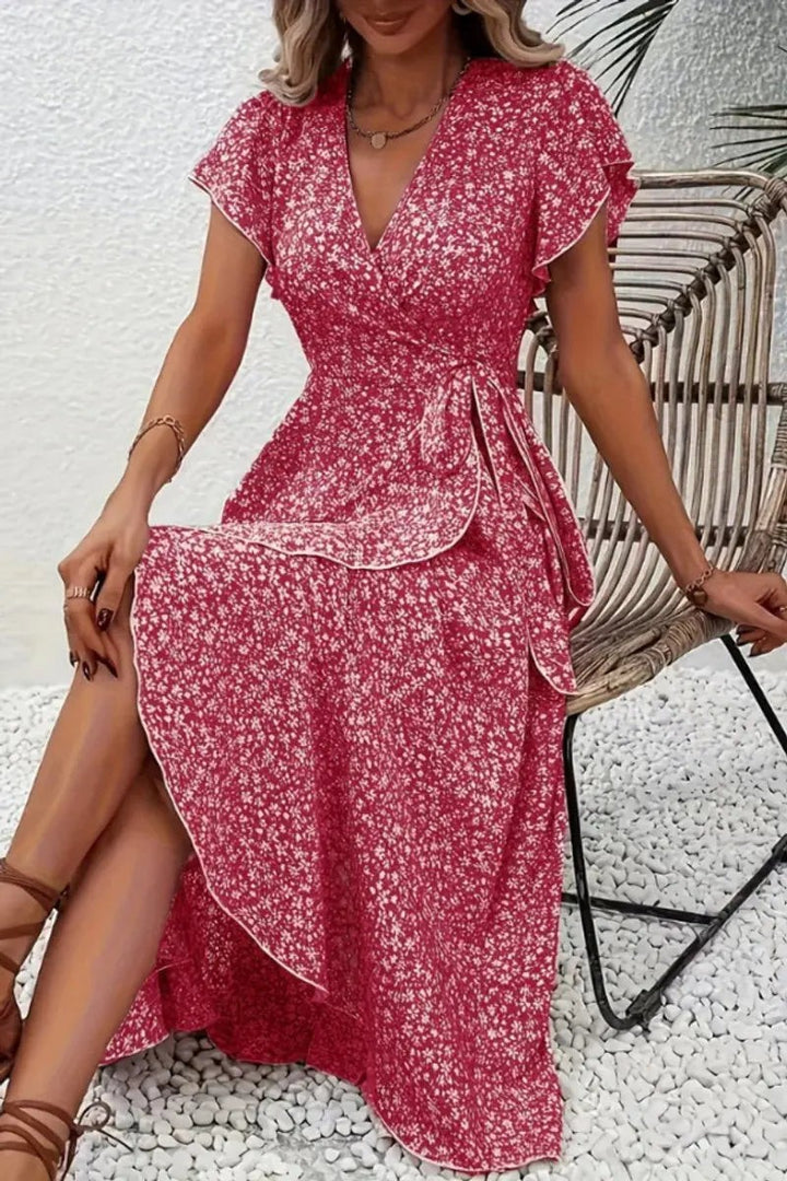 Red floral wrap midi dress with tie waist and flutter sleeve detail