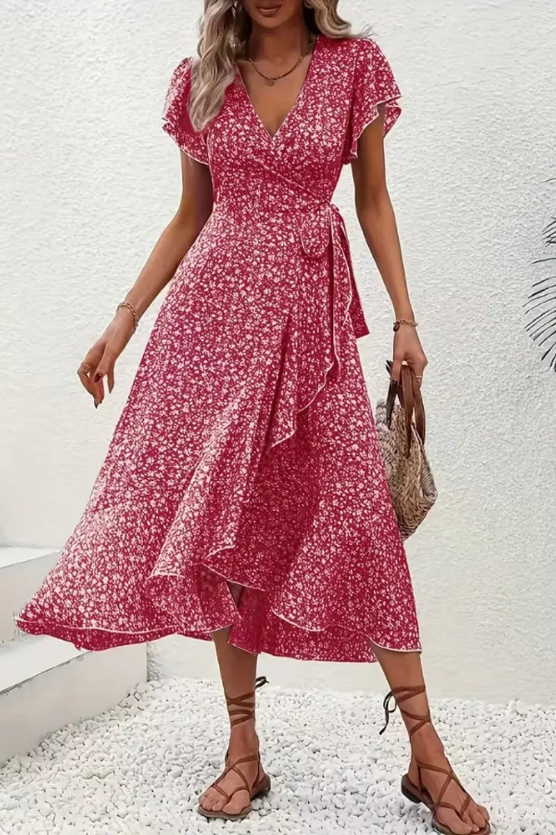 Red ditsy floral wrap dress paired with woven tote and tan sandals
