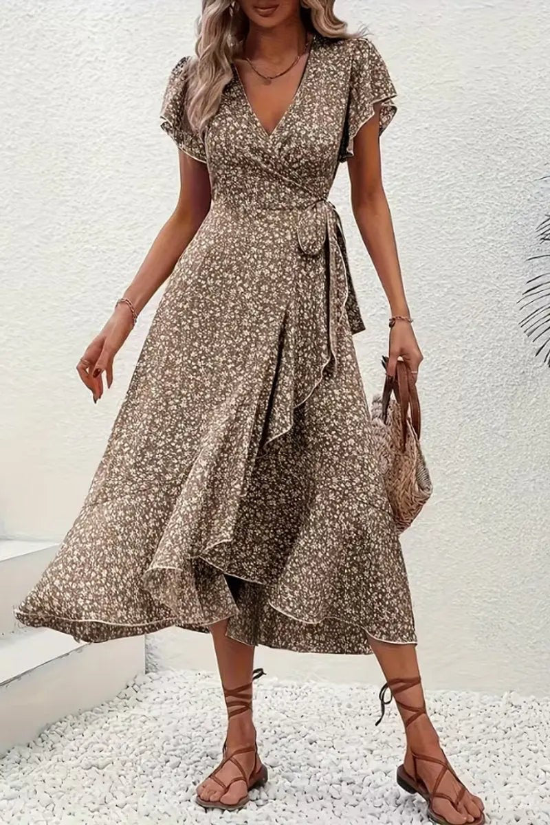 Brown ditsy floral wrap dress with flutter sleeves styled with tan sandals