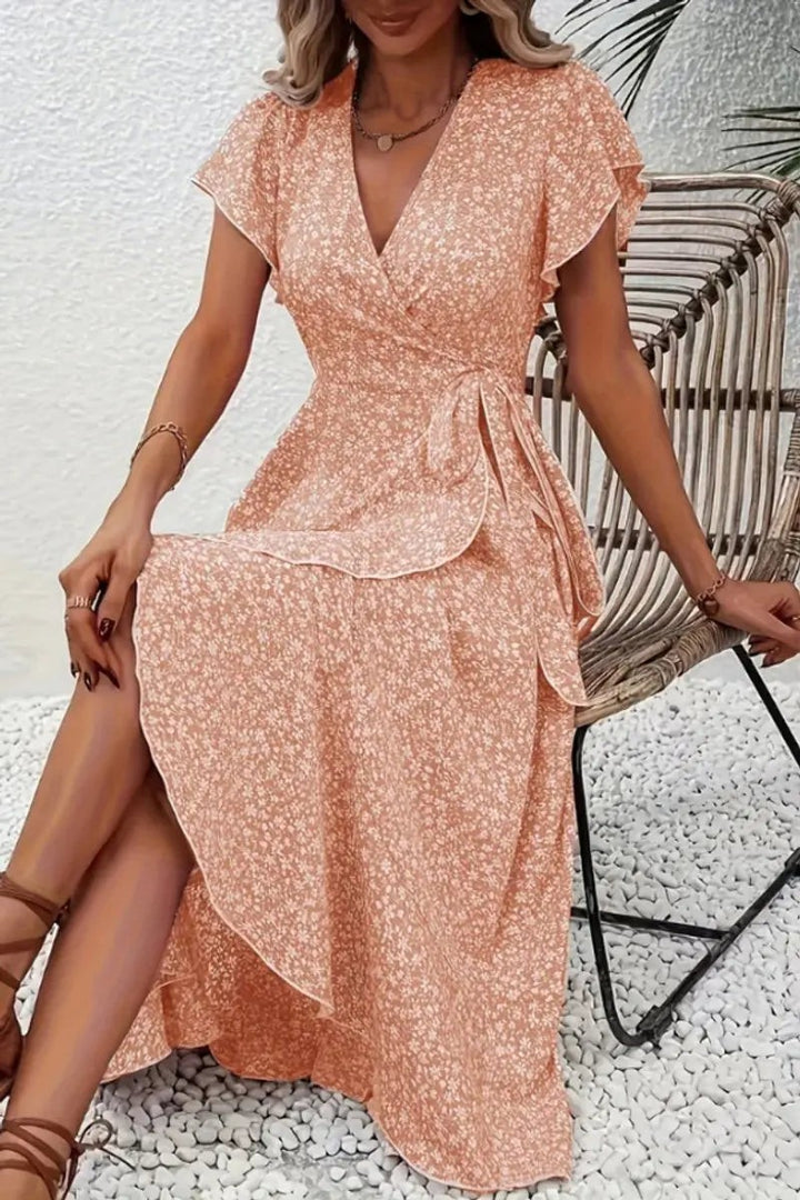 Peach floral wrap midi dress with V-neckline and side split detail