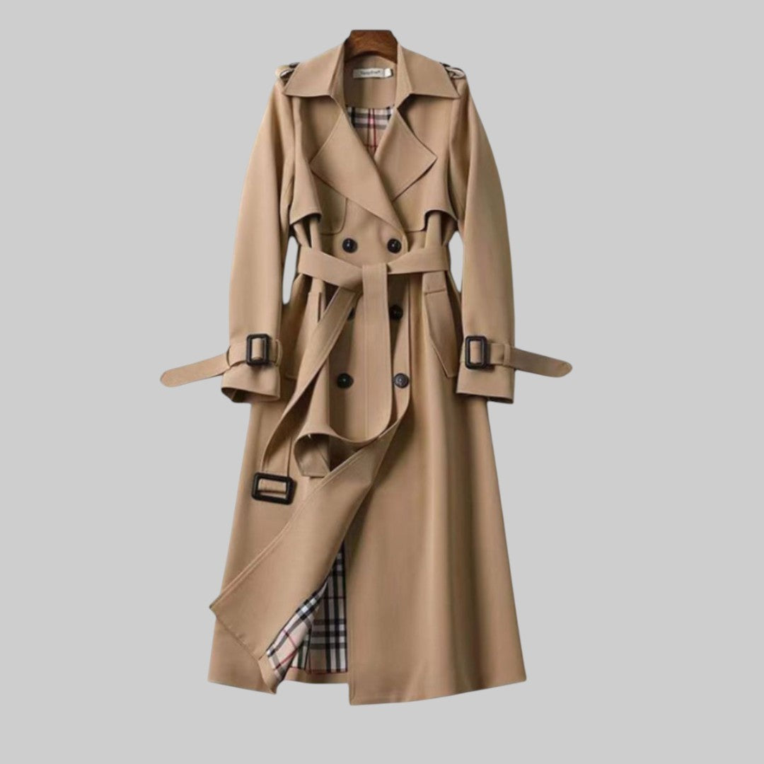Camel double-breasted trench coat with belt and tartan lining detail
