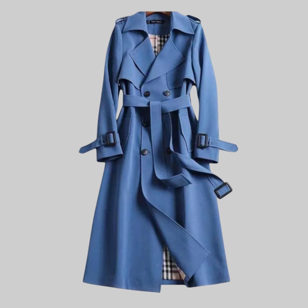 Blue longline trench coat with tie belt and notched lapel collar