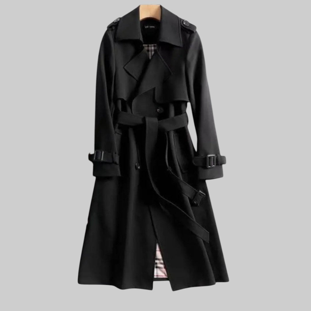 Black double-breasted trench coat with belted cuffs and checked inner lining