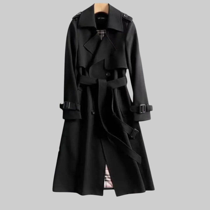 Black double-breasted trench coat with belted cuffs and checked inner lining