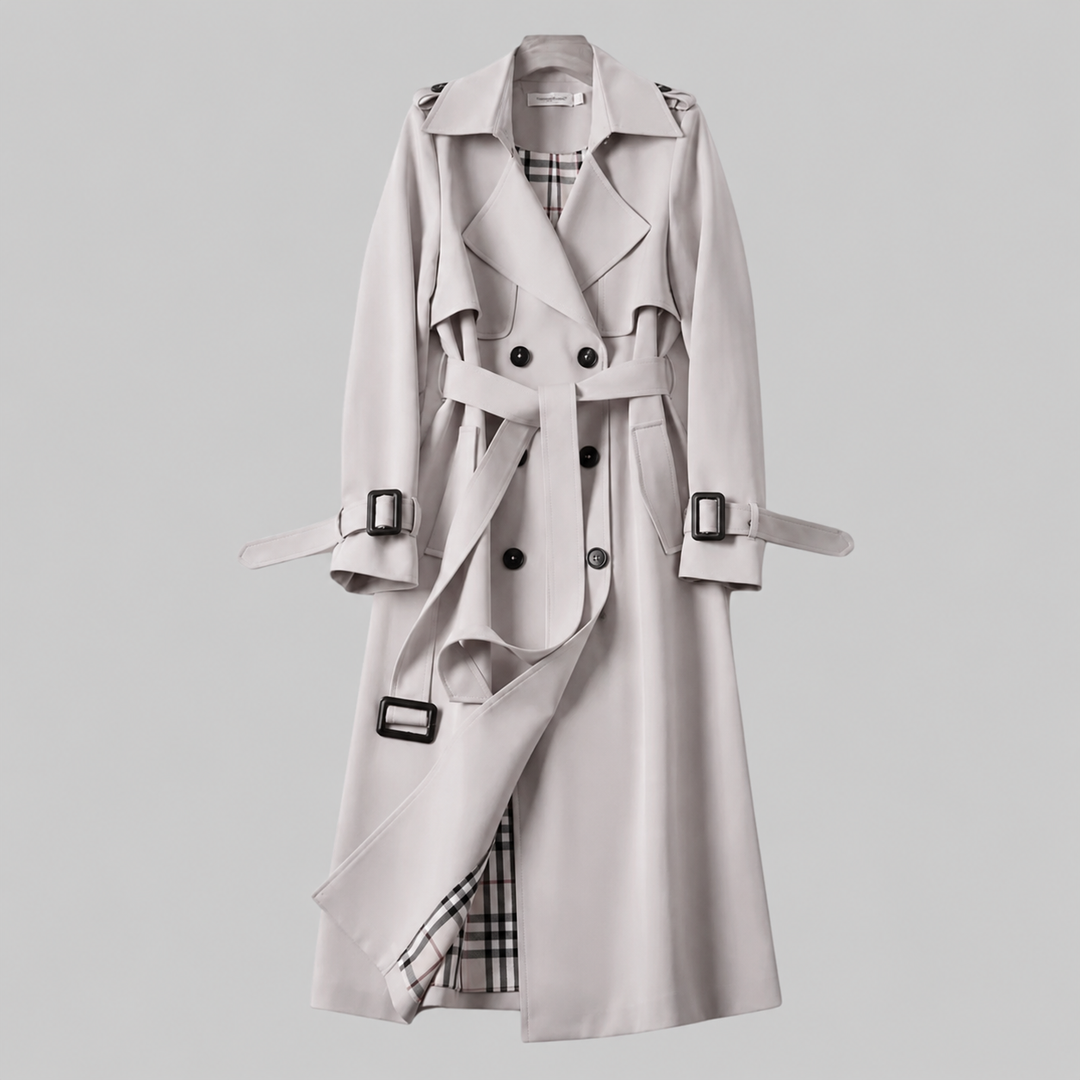 Stone grey trench coat with double-breasted buttons and tartan under-lining