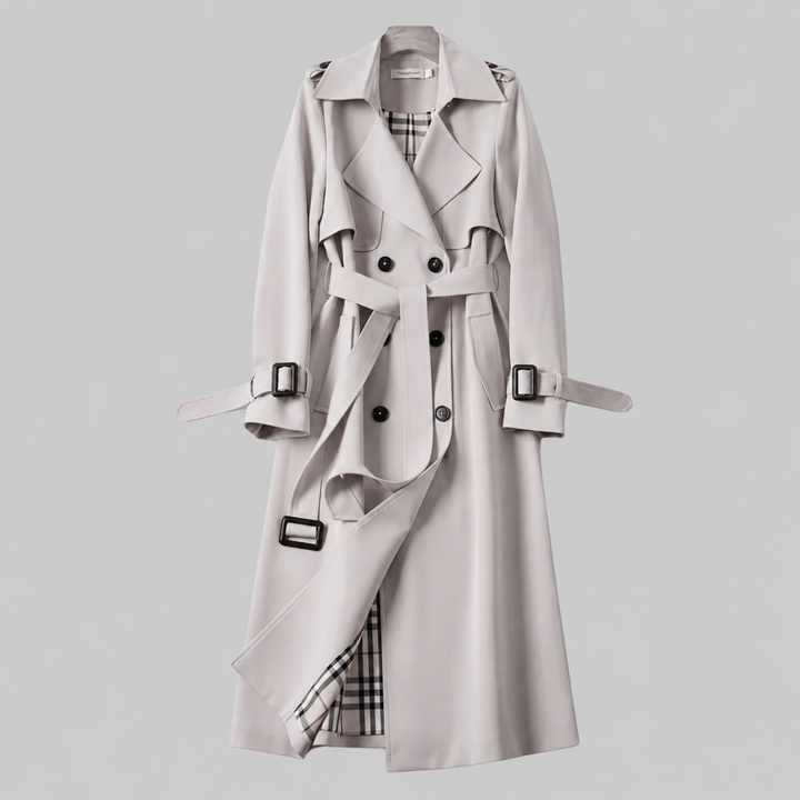 Stone grey trench coat with double-breasted buttons and tartan under-lining