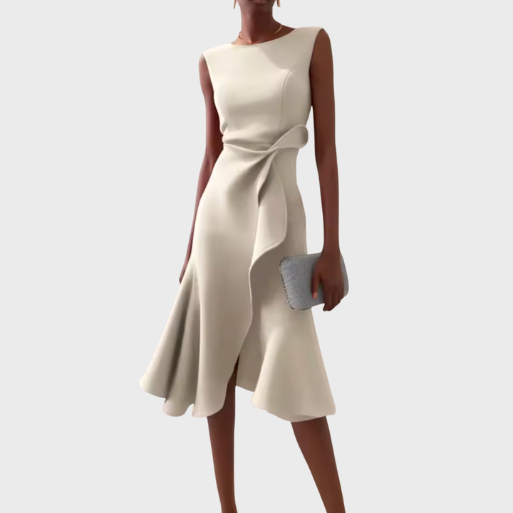Ivory sleeveless midi dress featuring draped waist and asymmetric hem
