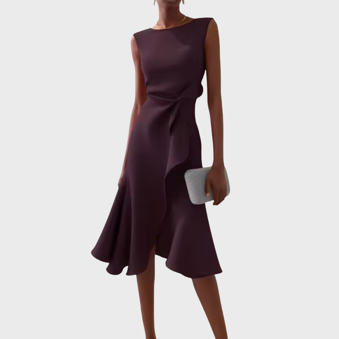 Aubergine sleeveless midi dress with gathered waist tie detail