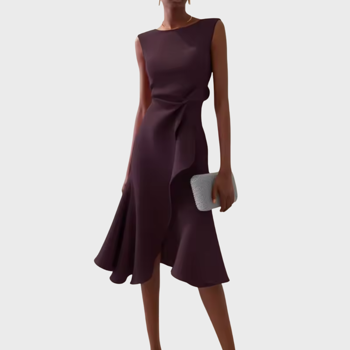 Aubergine sleeveless midi dress with gathered waist tie detail